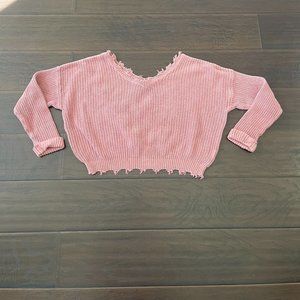 Moon & Madison Women's Distressed Cropped Pink Knit Sweater Oversized Sz Medium.